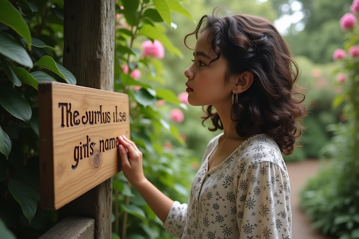 Adolescente dans un jardin contemple un panneau en bois