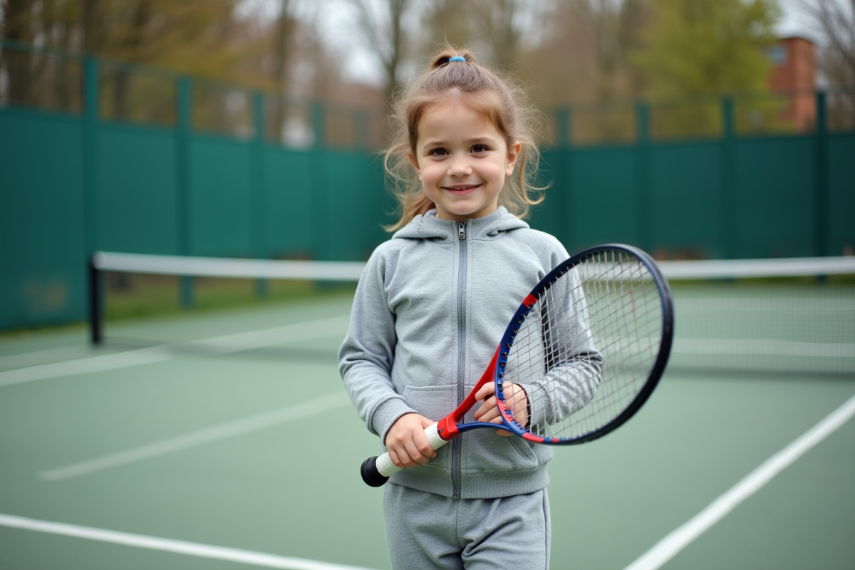 Jeune fille de 7 ans prête à jouer au tennis en extérieur