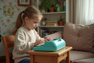 Jeune fille curieuse tapant sur une machine à écrire vintage