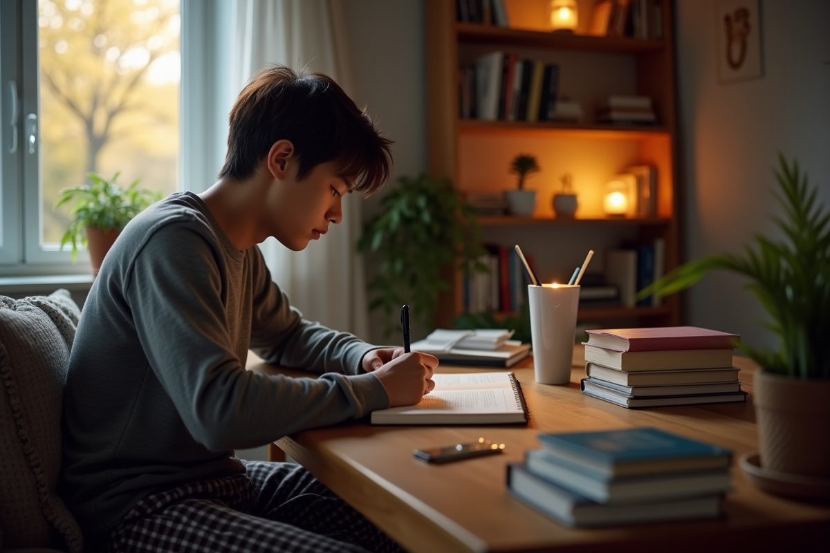 Jeune homme écrivant dans son bureau à la maison en soirée
