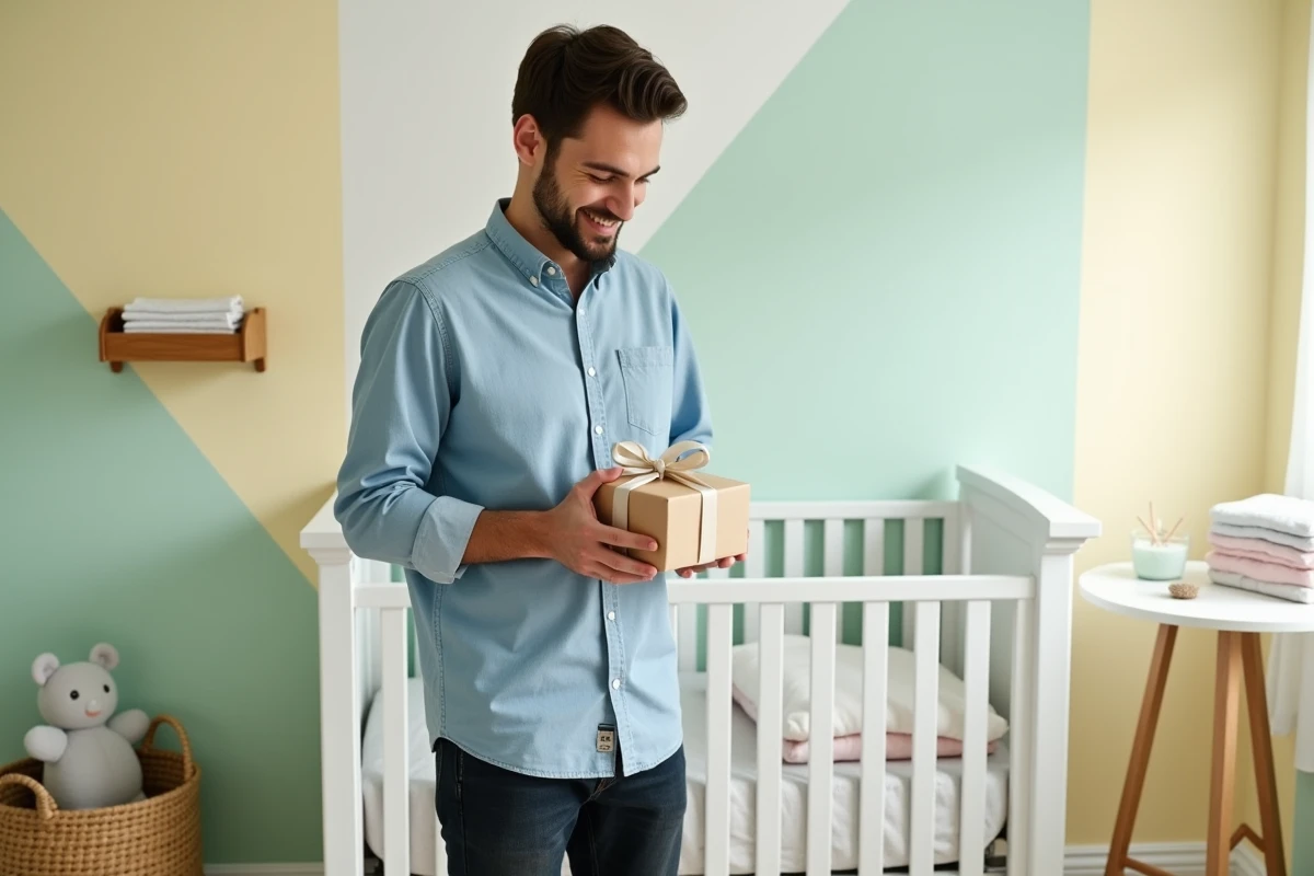 Jeune père tenant un cadeau de naissance dans une chambre de bébé décorée avec soin