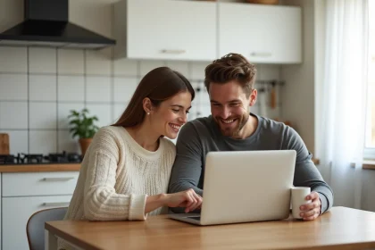 Jeunes parents parcourant ensemble une liste de naissance en ligne sur un ordinateur portable dans leur cuisine moderne