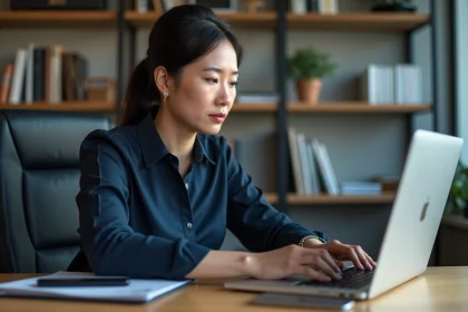 Femme journaliste concentr&eacute;e au bureau avec livres et activit&eacute; en arri&egrave;re-plan