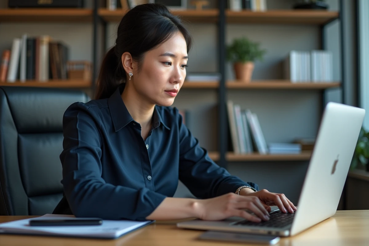 Femme journaliste concentr&eacute;e au bureau avec livres et activit&eacute; en arri&egrave;re-plan