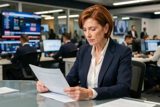Journaliste professionnelle dans une salle de rédaction télévisée, consultant des documents édito­riaux