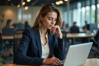 Journaliste professionnelle assise à son bureau dans une rédaction moderne, regard pensif sur son ordinateur portable, tenue soignée en blazer marine