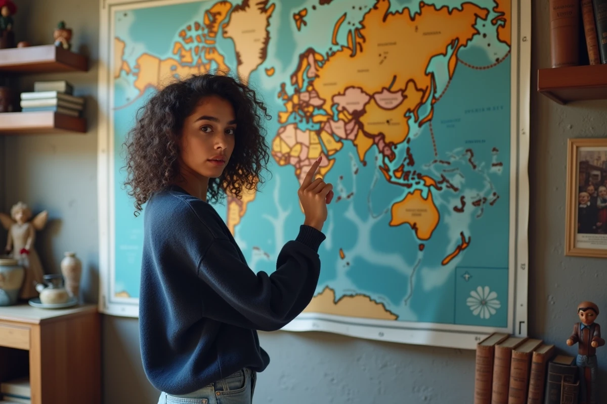 Jeune femme aux cheveux bouclés désignant une carte du monde dans un bureau personnel, symbolisant la quête d'identité, les origines multiculturelles et l'influence des racines sur la personnalité
