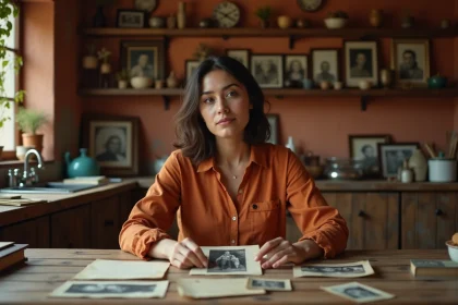 Jeune femme d'origine latino-américaine tenant une photo de famille ancienne, entourée de souvenirs et de lettres manuscrites évoquant ses racines et son identité culturelle