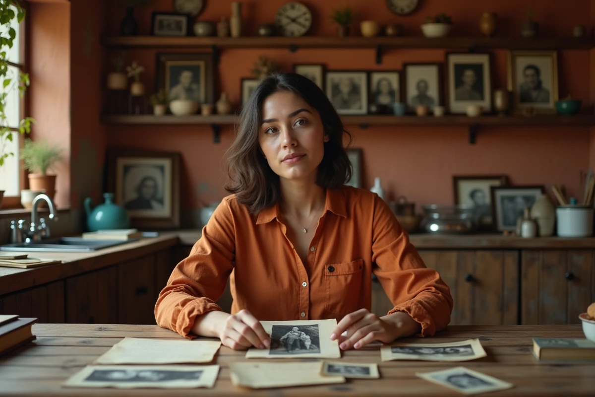 Jeune femme d'origine latino-américaine tenant une photo de famille ancienne, entourée de souvenirs et de lettres manuscrites évoquant ses racines et son identité culturelle