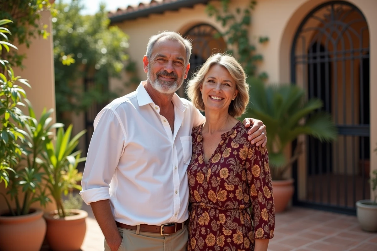 Portrait de parents d'origine méditerranéenne et latino-américaine dans une cour ensoleillée aux carreaux en terre cuite, illustrant les racines culturelles et familiales qui forgent une personnalité
