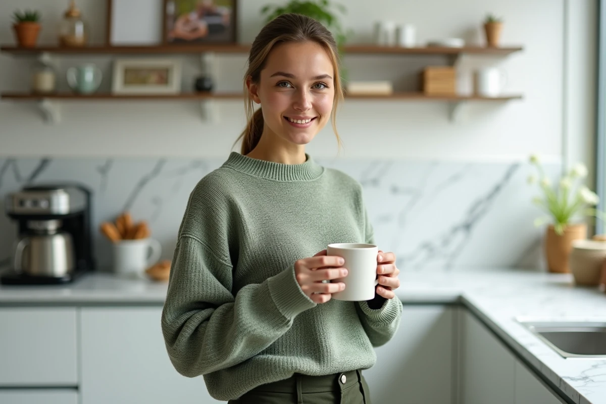 Femme épanouie dans sa cuisine évoquant vie de famille et choix personnels pour 2026