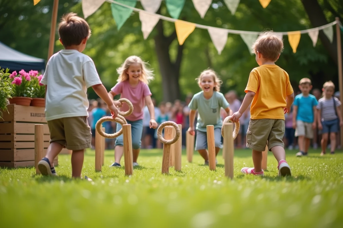 Enfants jouant à un jeu d'adresse écoresponsable en bois lors d'une kermesse scolaire en plein air