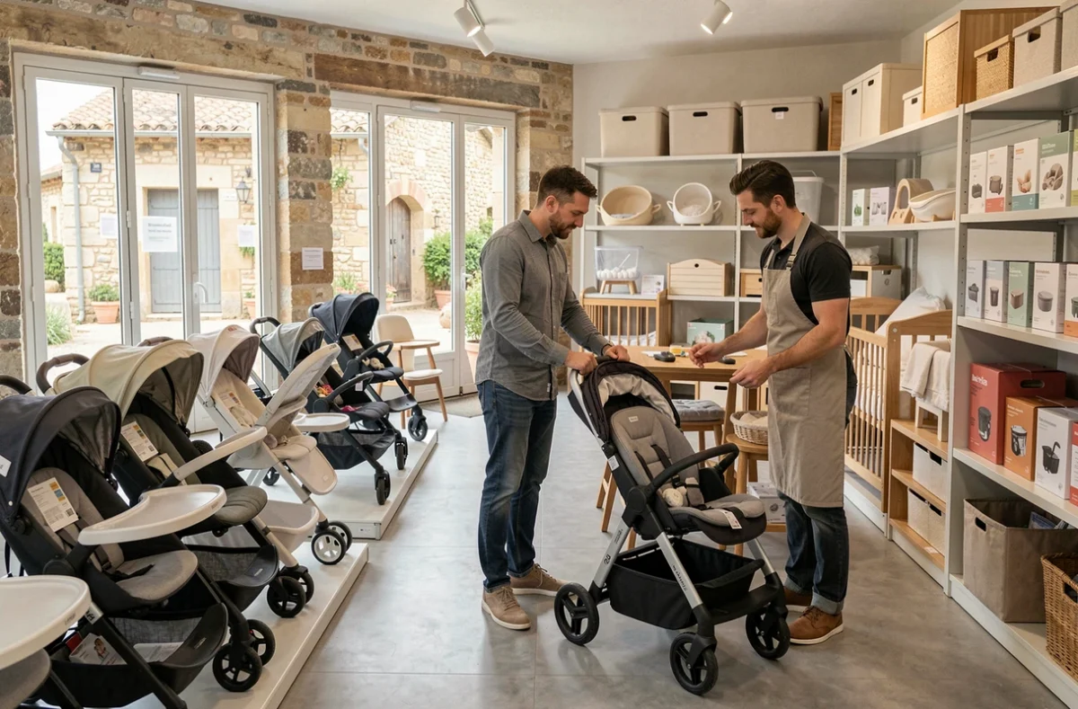 Intérieur du magasin Krysakids à Mallemort avec des équipements bébé neufs et d'occasion et un père testant une poussette