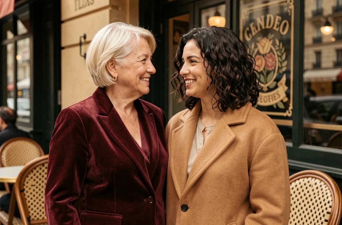 Deux femmes souriantes devant un café parisien, portrait éditorial intime évoquant un lien mère-fille chaleureux