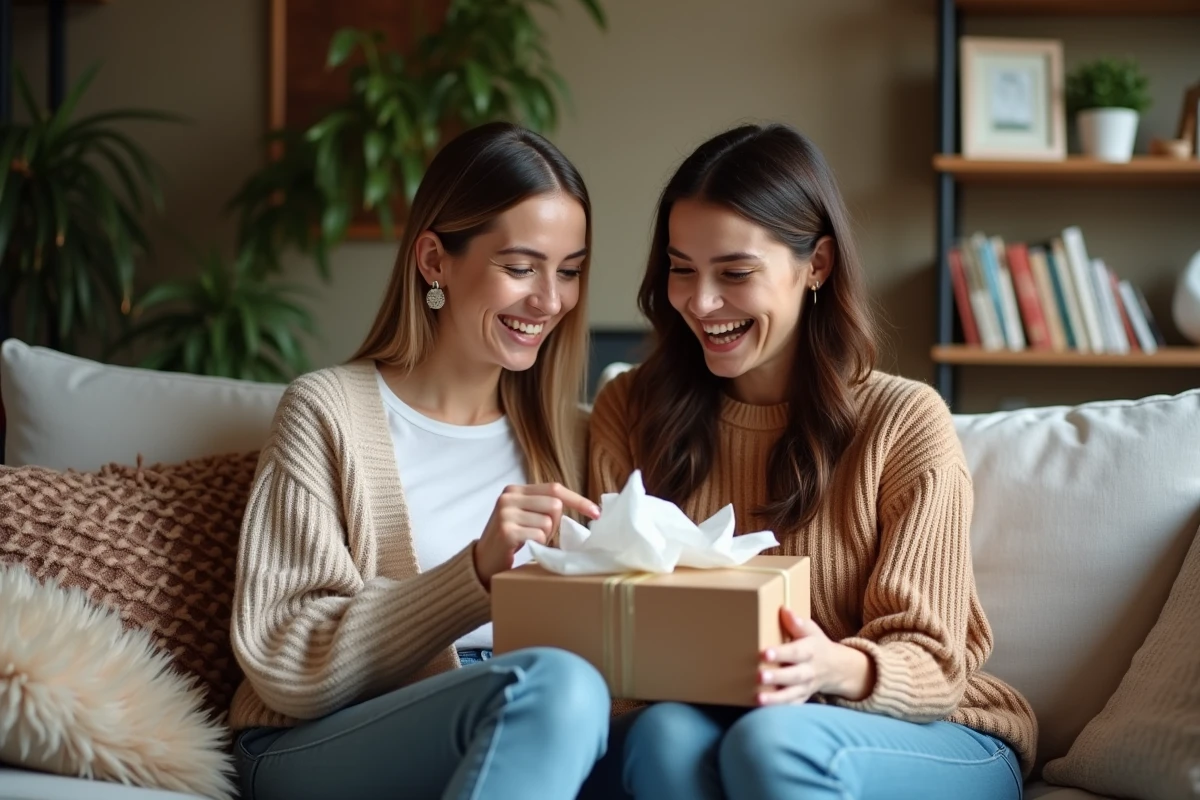 Deux amies lisant ensemble un message de remerciement original écrit à la main accompagnant un cadeau ouvert dans un salon chaleureux
