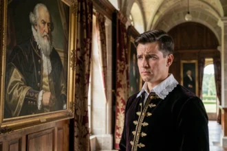Jeune roi Louis XIII en costume royal du XVIIe siècle regardant le portrait de son père Henri IV dans un couloir de palais baroque