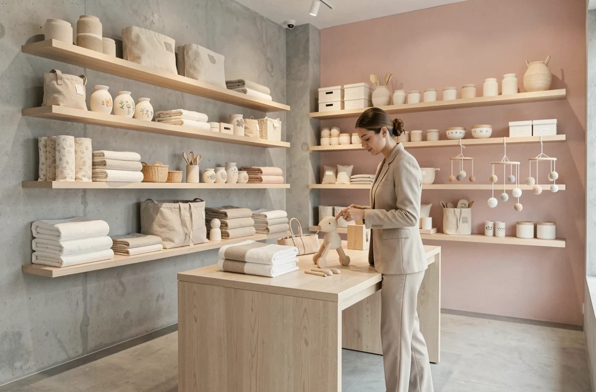 Intérieur épuré du Ly Concept Store avec des produits bébé design exposés sur des étagères en bois clair