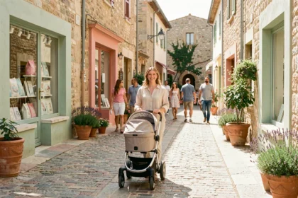 Mère poussant un landau dans une rue commerçante provençale avec des boutiques de puériculture en arrière-plan