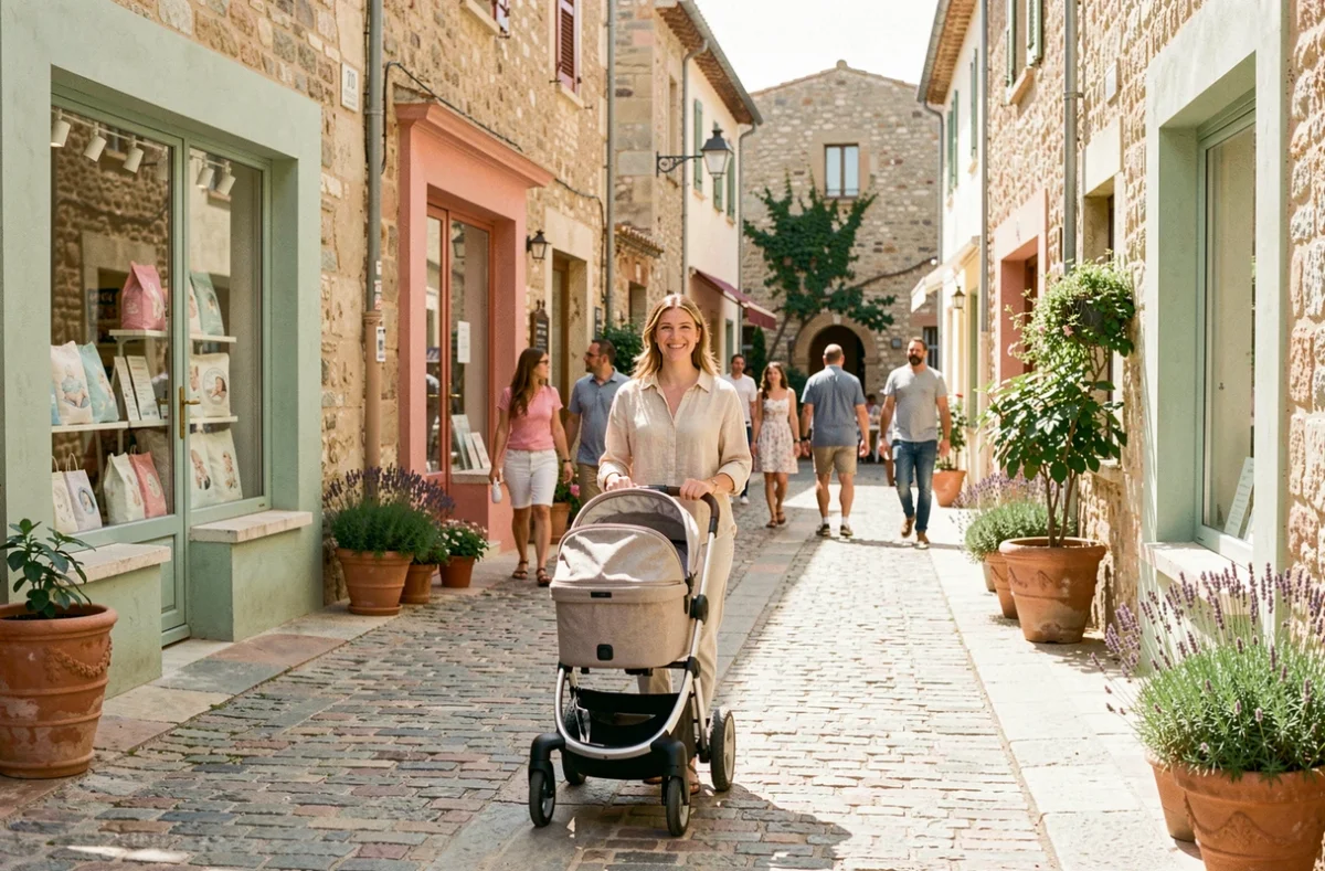 Mère poussant un landau dans une rue commerçante provençale avec des boutiques de puériculture en arrière-plan