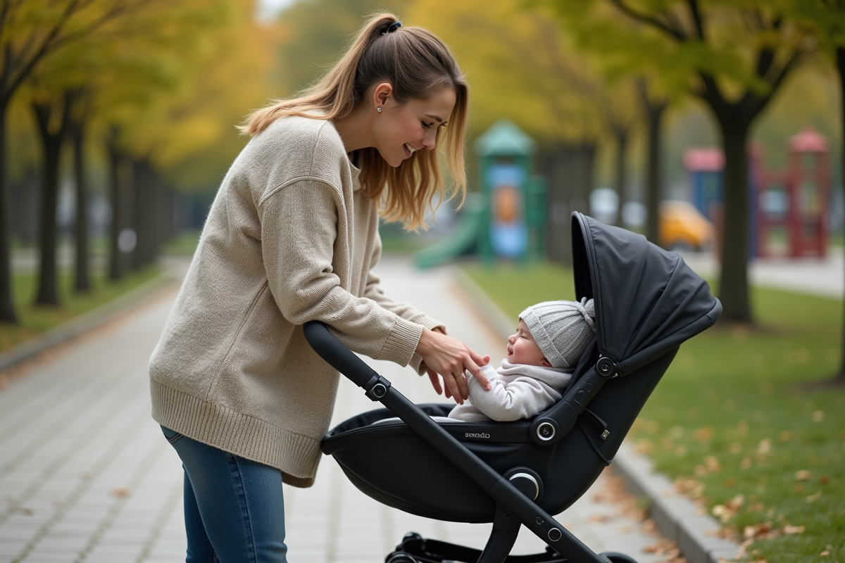 Jeune maman avec son bébé dans un parc urbain calme