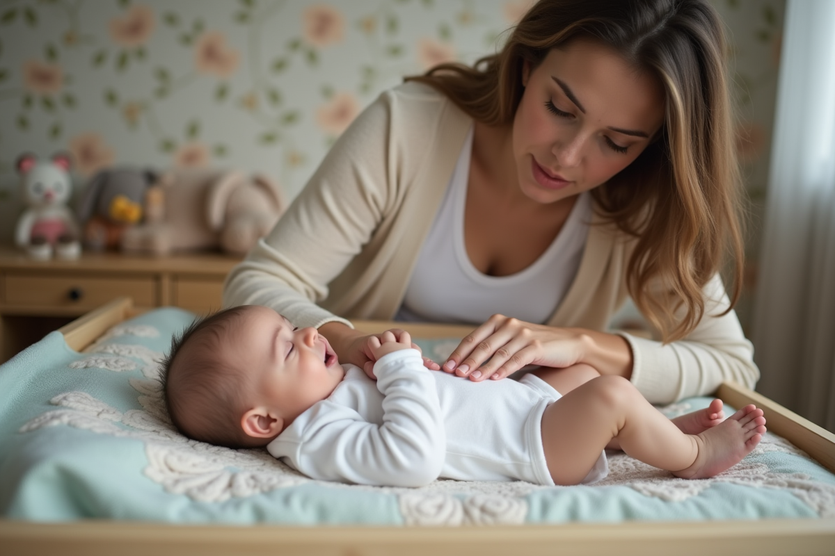 Jeune maman vérifie le pouls de son bébé dans une nurserie chaleureuse