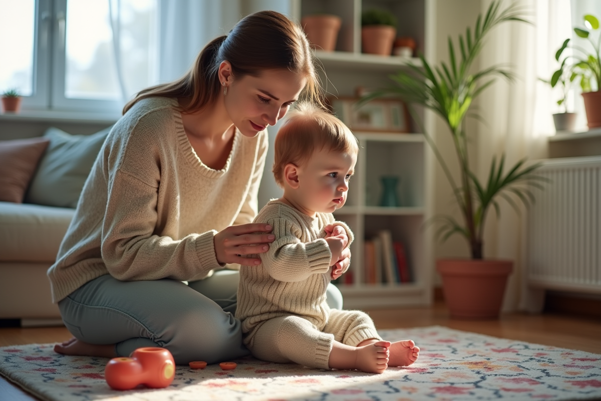 Maman inquiète avec son enfant dans un salon chaleureux