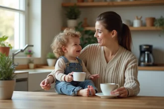 Jeune maman avec son enfant dans une cuisine lumineuse