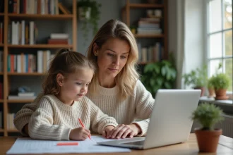 Maman et fille préparant la déclaration fiscale à la maison