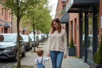 Jeune maman avec son enfant devant une crèche moderne