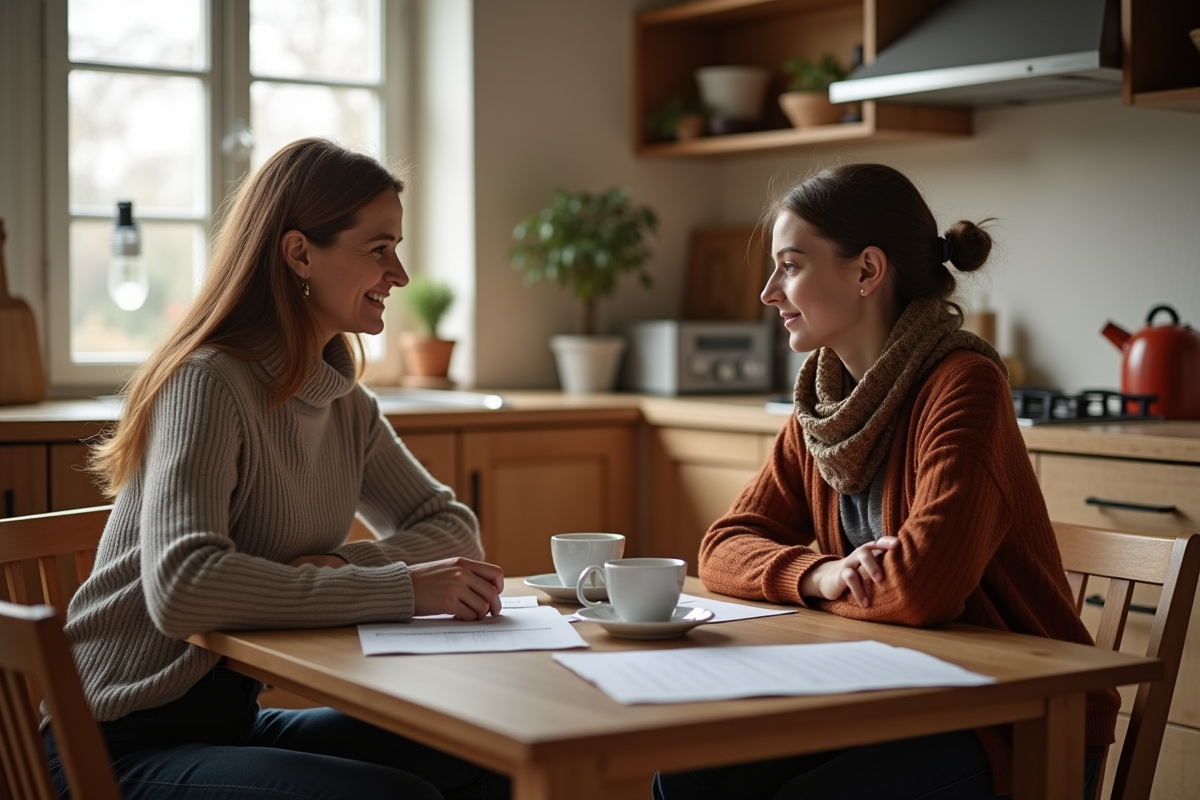 Maman belge et fille discutent autour d'un café en automne