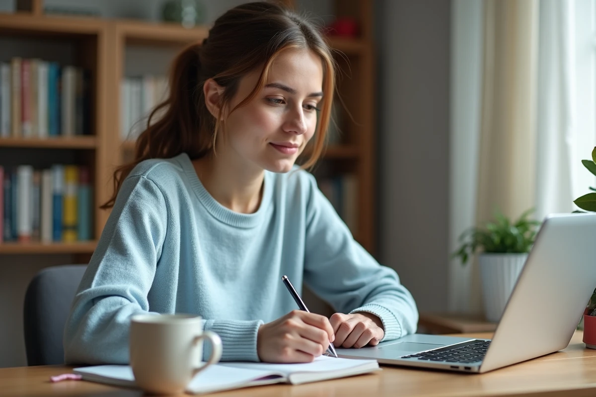 Jeune maman prenant des notes devant son ordinateur ouvert sur un blog de ressources et d'entraide pour parents
