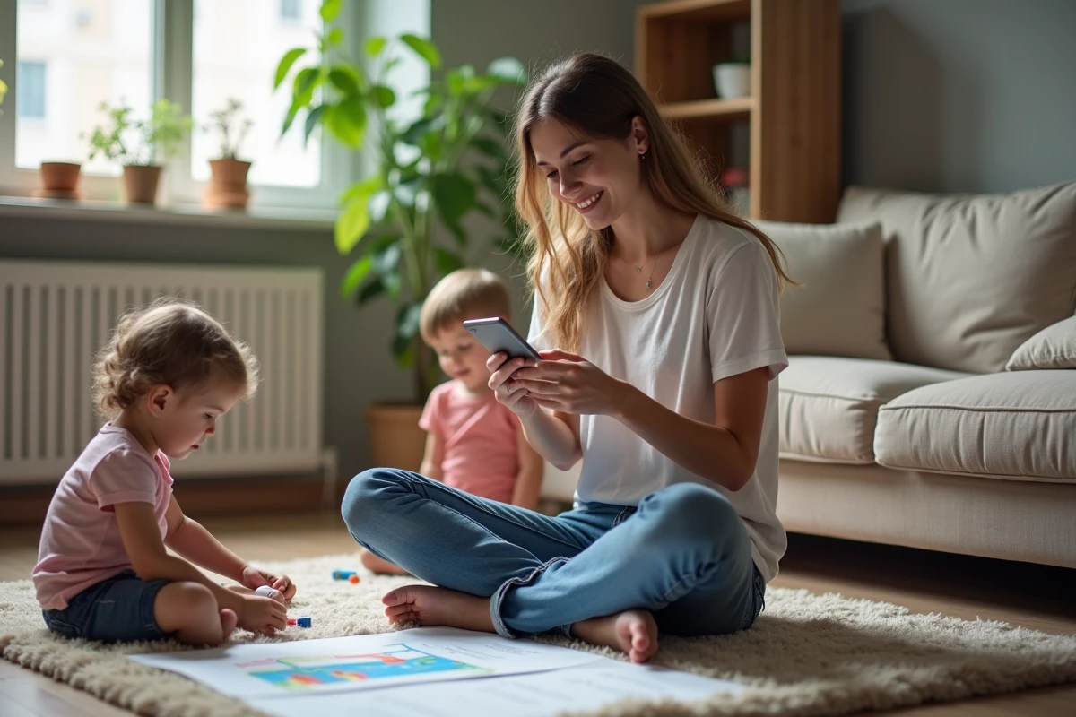 Une mère organise son calendrier pendant que ses enfants colorient