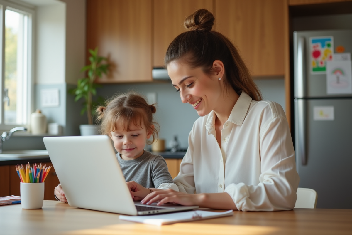 Femme au travail avec sa fille qui colorie dans la cuisine