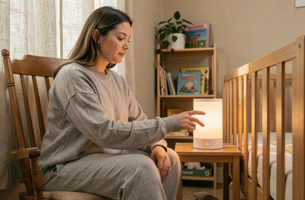 Jeune maman activant une veilleuse musicale posée sur une table de nuit près du berceau de son bébé dans une chambre aux tons neutres