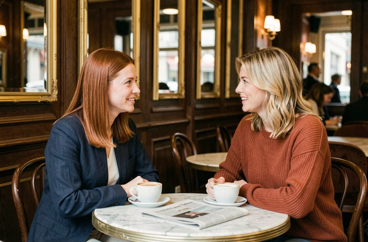 Deux femmes en conversation dans une brasserie parisienne, illustrant les rumeurs de relation entre Marie de Villepin et Amber Heard