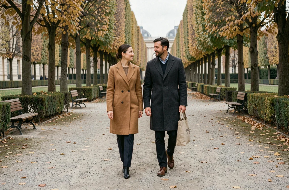 Couple élégant se promenant dans un jardin parisien, illustration des rumeurs autour de la vie amoureuse de Marie de Villepin