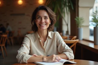 Femme souriante dans un café parisien prenant des notes, illustrant la communication bienveillante d'une mère célèbre sur sa vie de famille