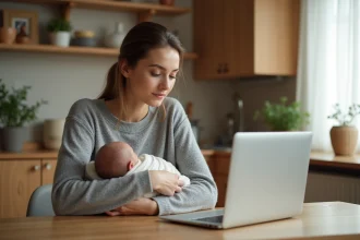Jeune mère en congé parental consultant un simulateur de revenu sur son ordinateur portable avec son nouveau-né dans les bras