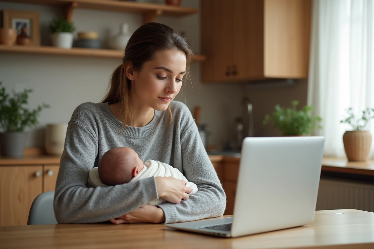 Jeune mère en congé parental consultant un simulateur de revenu sur son ordinateur portable avec son nouveau-né dans les bras