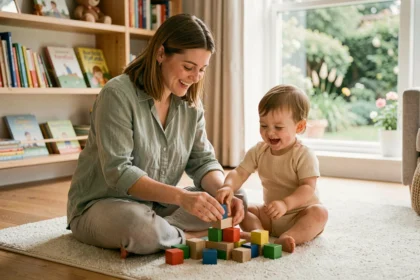 Mère et enfant en bas âge jouant avec des blocs en bois colorés sur le plancher d'un salon familial chaleureux et bien organisé