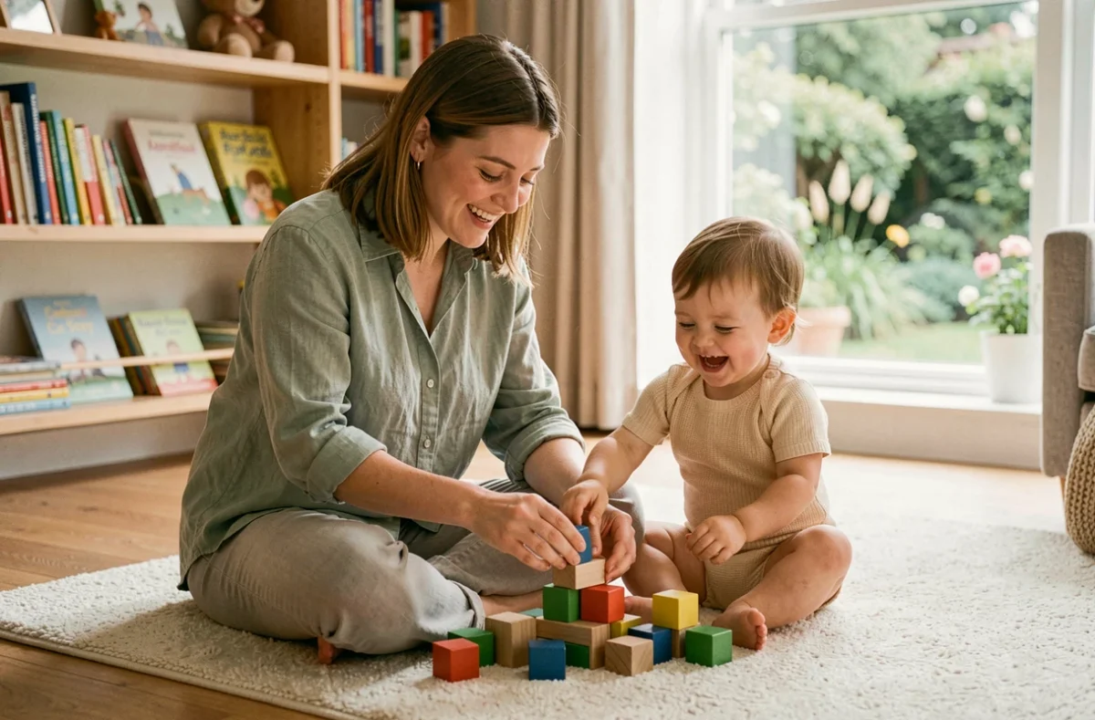 Mère et enfant en bas âge jouant avec des blocs en bois colorés sur le plancher d'un salon familial chaleureux et bien organisé