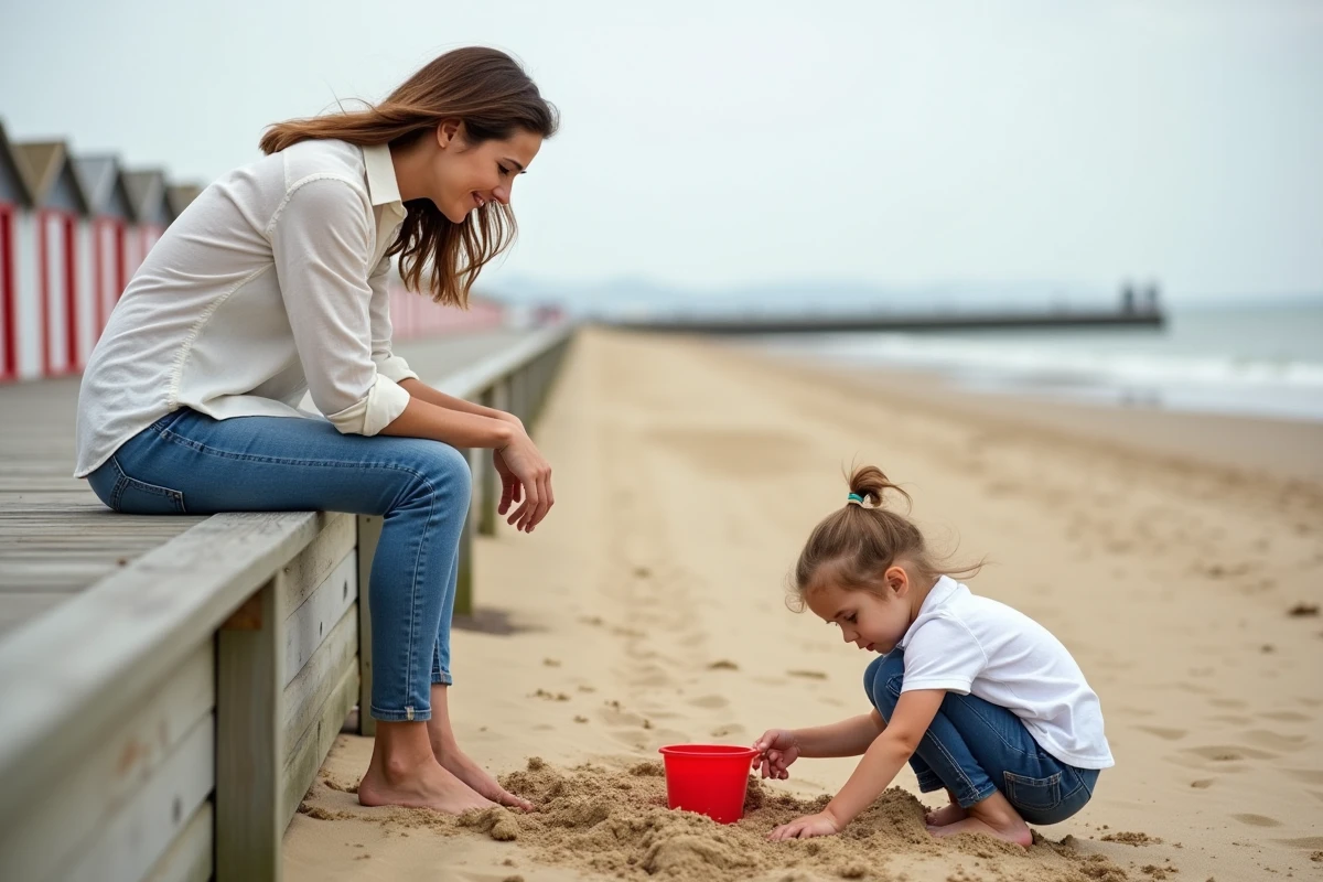 Mère et petite fille construisant un château de sable sur la plage du Touquet avec cabines de plage en arrière-plan