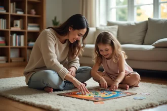 Mère et fille de 4 ans jouant ensemble à un jeu de société coloré sur le sol en bois d'un salon chaleureux