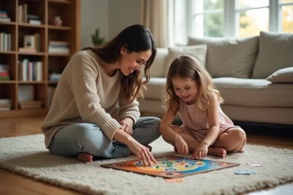 Mère et fille de 4 ans jouant ensemble à un jeu de société coloré sur le sol en bois d'un salon chaleureux