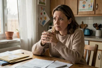 Mère isolée assise seule à sa table de cuisine avec des documents administratifs, expression fatiguée et pensive