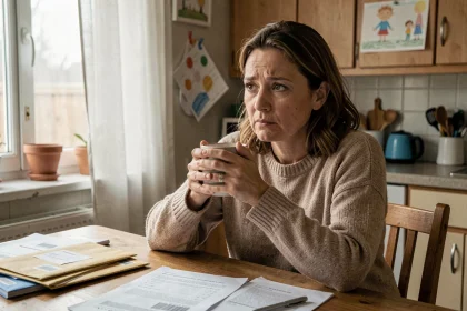 Mère isolée assise seule à sa table de cuisine avec des documents administratifs, expression fatiguée et pensive