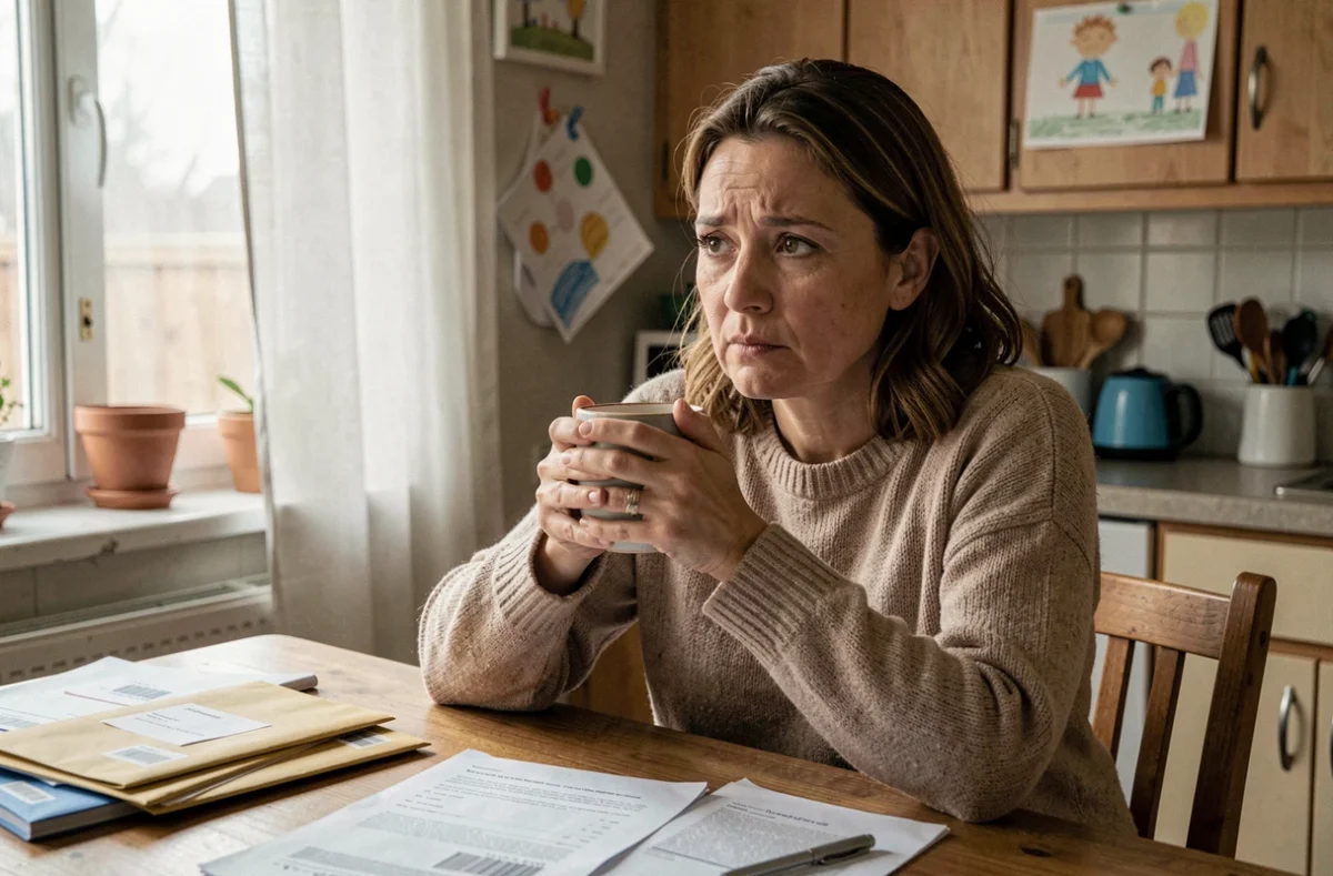 Mère isolée assise seule à sa table de cuisine avec des documents administratifs, expression fatiguée et pensive