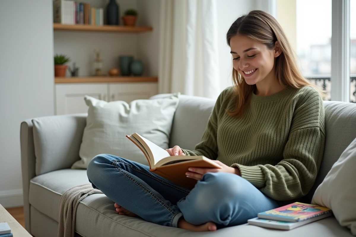 Mère posant avec des livres pour enfants dans un appartement moderne, évoquant le délicat équilibre entre vie publique et intimité familiale