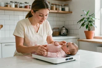 Mère pesant son bébé fille de 3 mois sur une balance pédiatrique à domicile dans une cuisine moderne