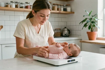 Mère pesant son bébé fille de 3 mois sur une balance pédiatrique à domicile dans une cuisine moderne